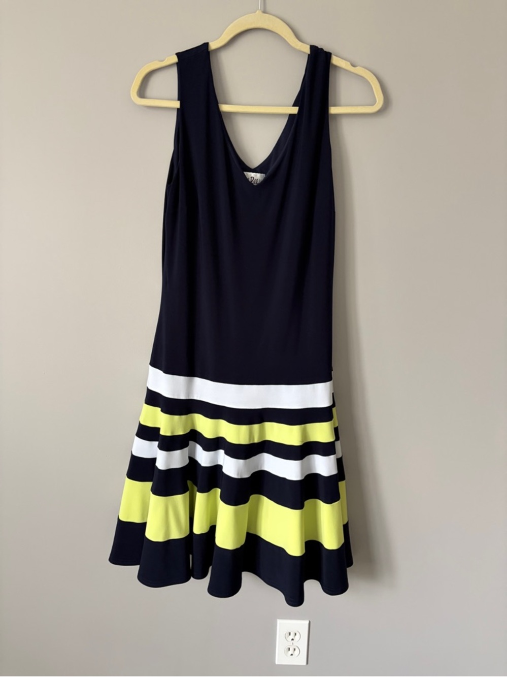 Sleeveless Navy Dress with white & lime  Stripes